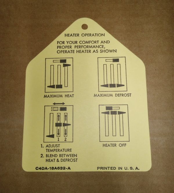 1964-1965 Mustang Interior Heater Instruction Tag