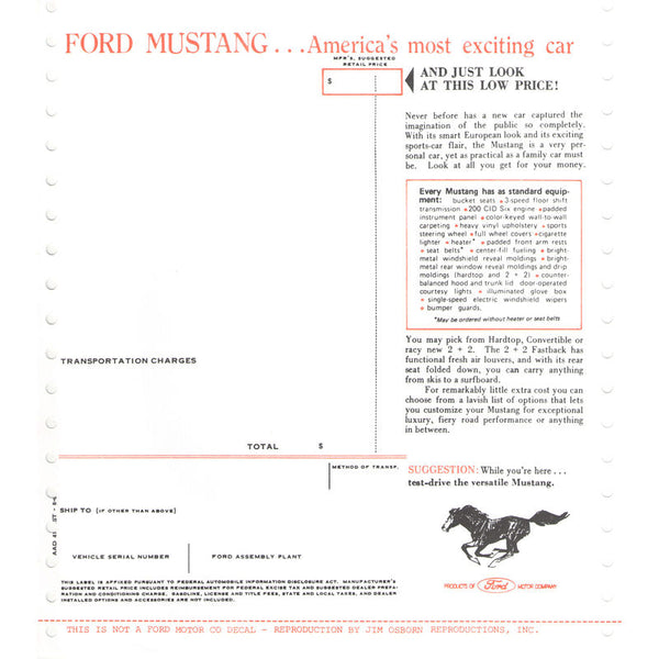 1966 Mustang Window New Car Price Sticker