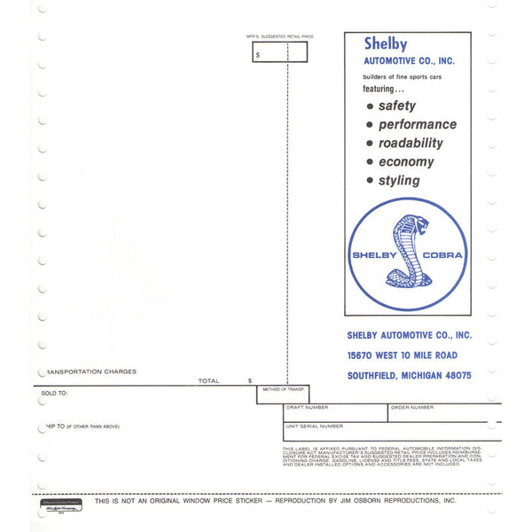 1968 Shelby Mustang Window New Car Price Sticker