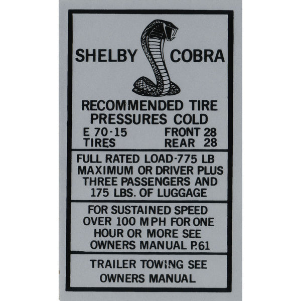 1967-1968 Shelby Mustang Interior Decal, Tire Pressure, Glove Box