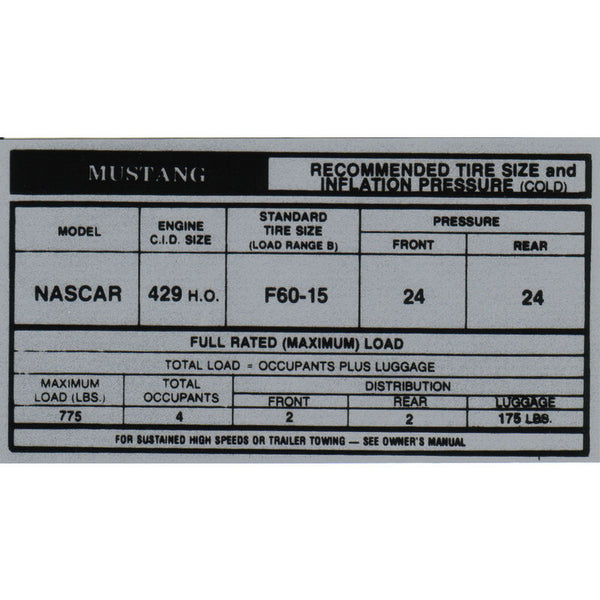 1969-1970 Mustang Interior Decal, Tire Pressure, Boss 429