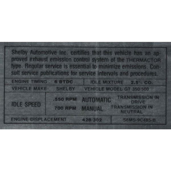 1968 Shelby Mustang Engine Compartment Decal, Shelby Emission Decal
