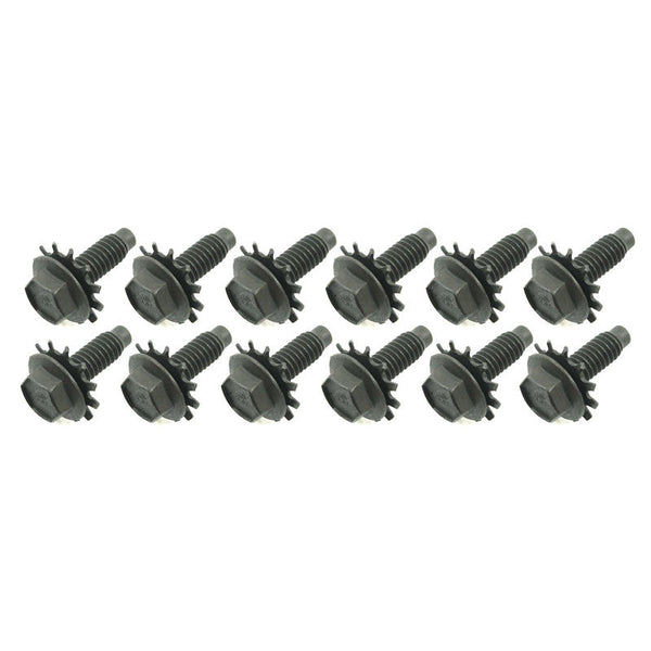 1965-1966 Mustang AMK Fender Bolts, Concours Quality, Phosphorus, Black, HTS Logo/Star Washers, 12 pcs