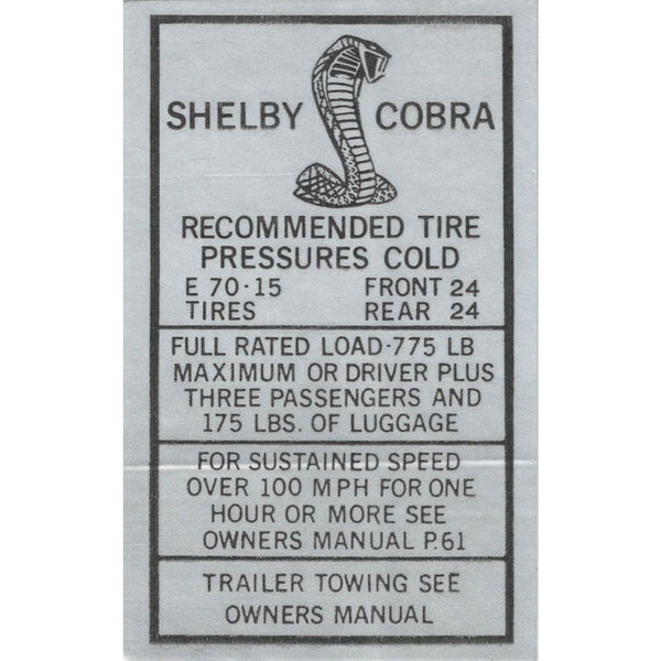 1967-1968 Shelby Mustang Interior Decal, Tire Pressure, E70X15