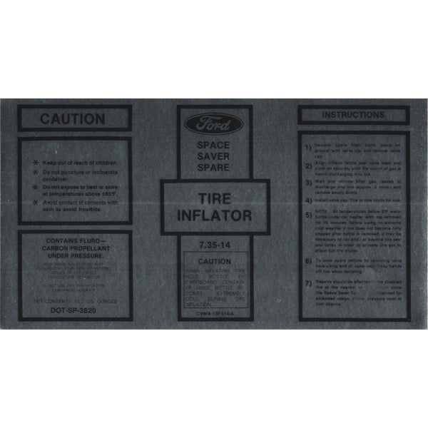1969 Mustang Trunk Compartment Space Saver Inflator Bottle Decal