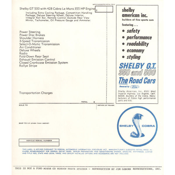 1967 Shelby Mustang GT500 Window New Car Price Sticker