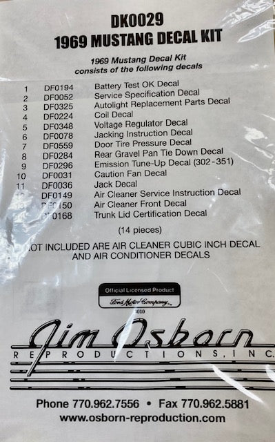 1969 Mustang Decal Kit, 14 pcs