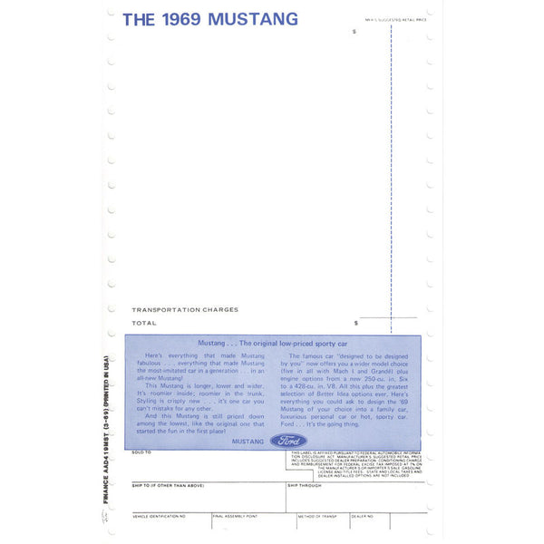 1969 Mustang Window New Car Price Sticker