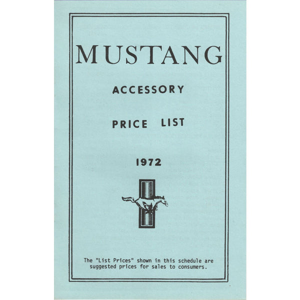1972 Mustang Accessory New Car Price List