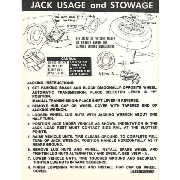 1973 Mustang Trunk Compartment Jack Instructions Decal, Cpe