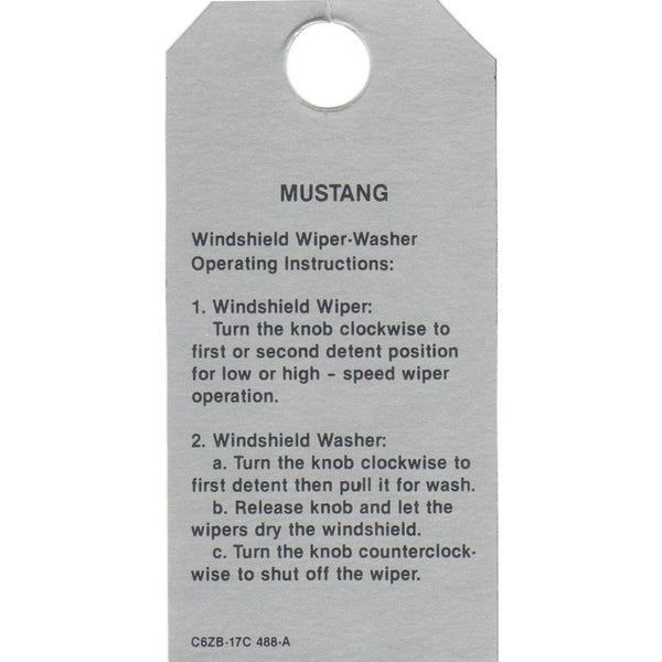 1965-1966 Mustang Interior Windshield Washer Insr. Tag