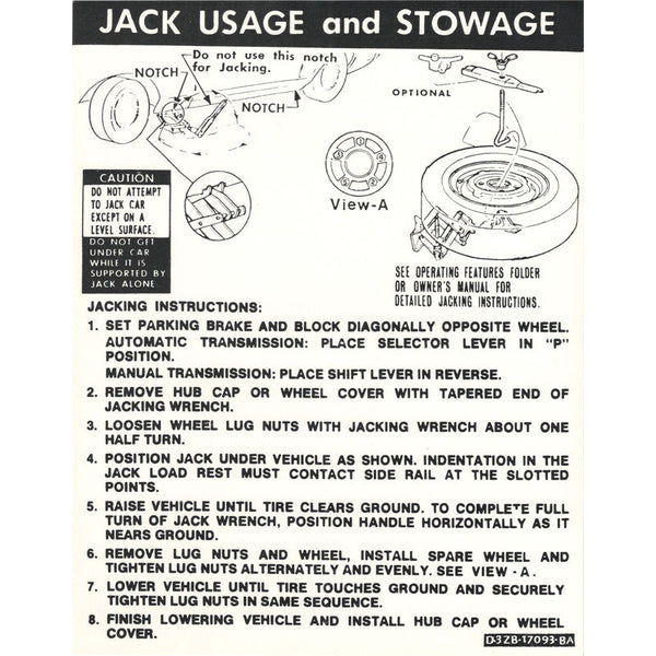 1973 Mustang Trunk Compartment Jack Instructions Decal, Conv