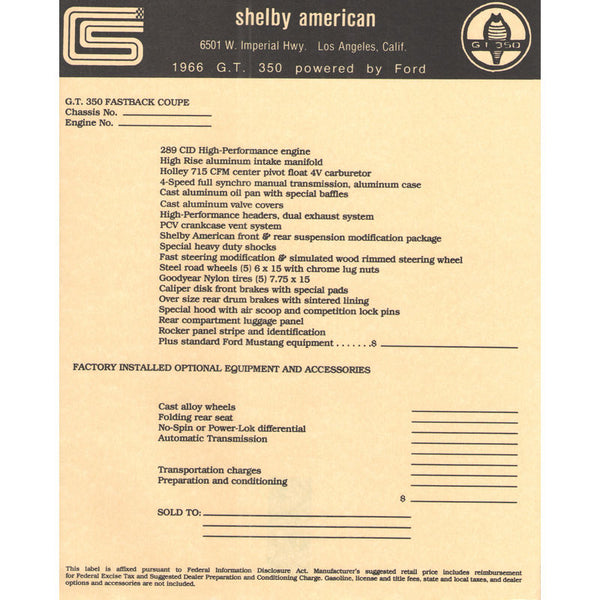 1966 Shelby Mustang Window New Car Price Sticker