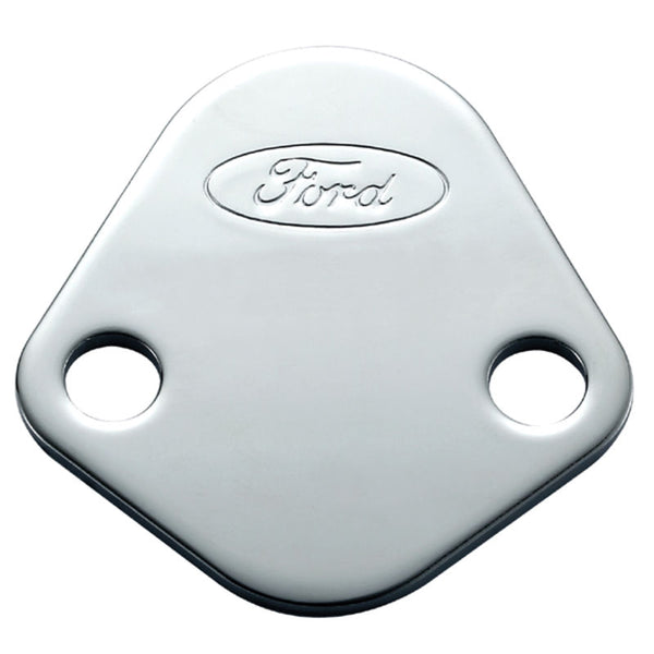 1979-1985 Mustang Ford Racing Fuel Pump Block-Off Plate, Chrome, w/Ford Logo