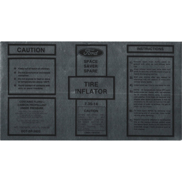 1968 Mustang Trunk Compartment Space Saver Inflator Bottle Decal