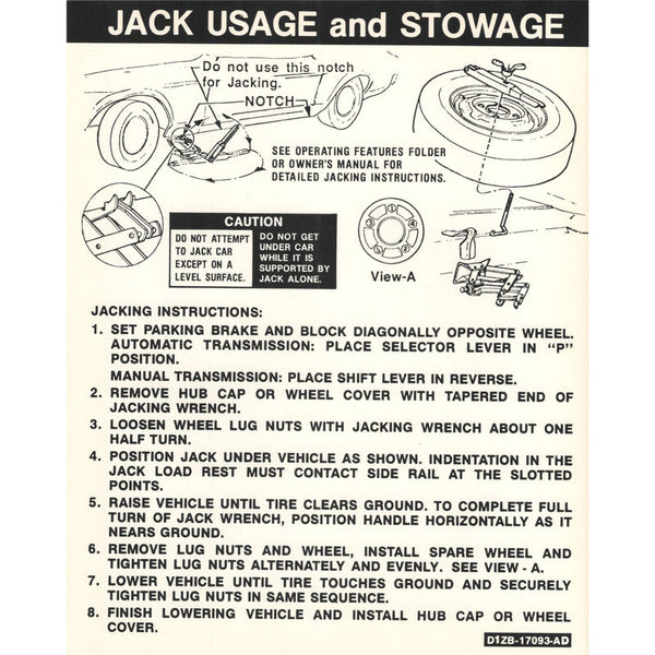 1971-1972 Mustang Trunk Compartment Jack Instructions Decal, Cpe, Reg. Wheel