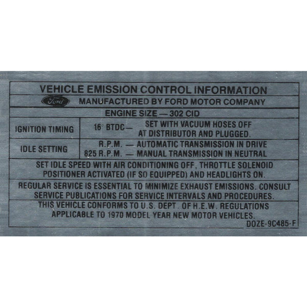 1970 Mustang Engine Compartment Decal, 302 Emission Decal
