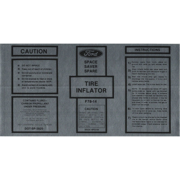 1970 Mustang Trunk Compartment Space Saver Inflator Bottle Decal