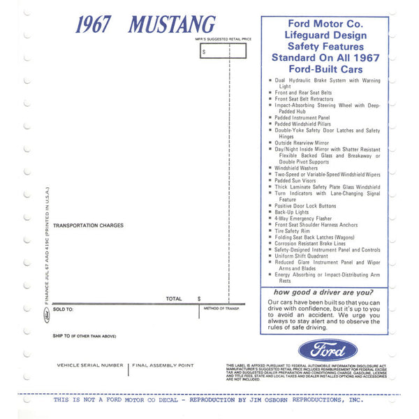 1967 Mustang Window New Car Price Sticker