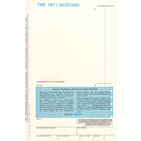 1971 Mustang Window New Car Price Sticker