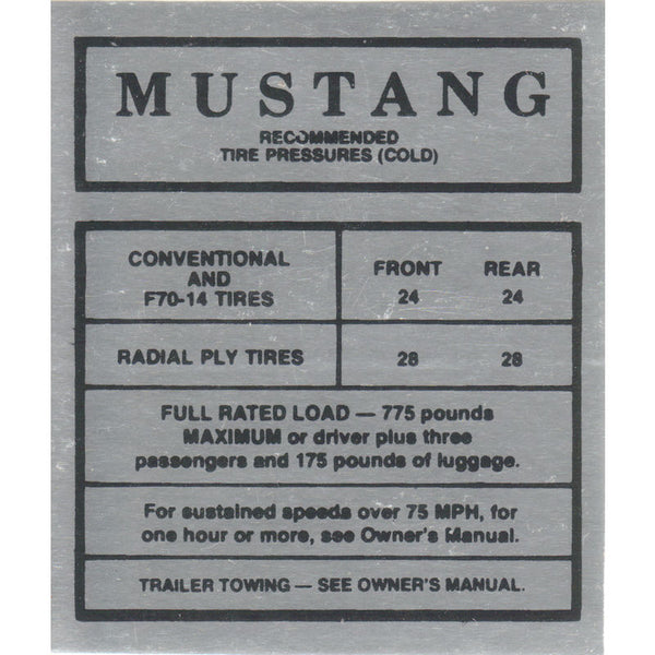 1967 Mustang Interior Decal, Tire Pressure, Glove Box