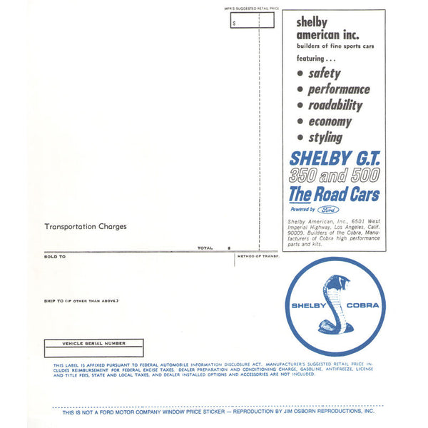 1967 Shelby Mustang GT350 Window New Car Price Sticker