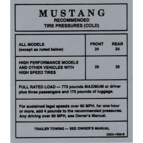 1965-1966 Mustang Interior Decal, Tire Pressure, Glove Box