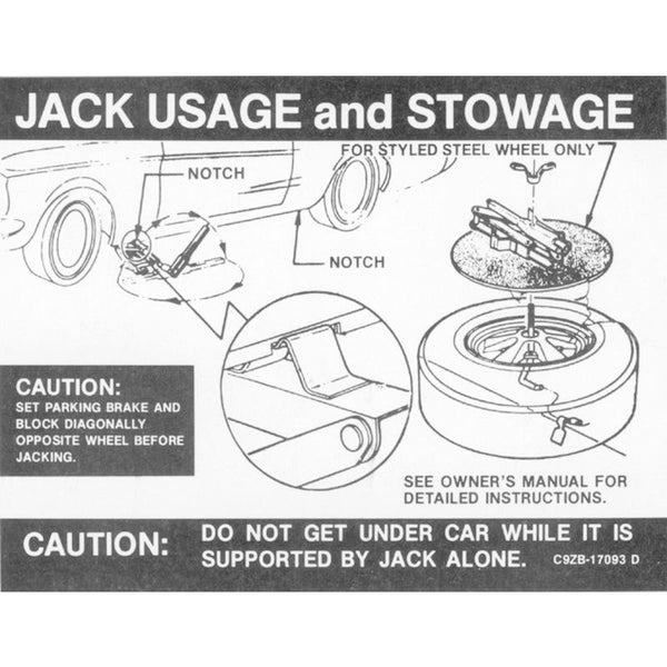1969-1970 Mustang Trunk Compartment Jack Instructions Decal, Styled Wheel