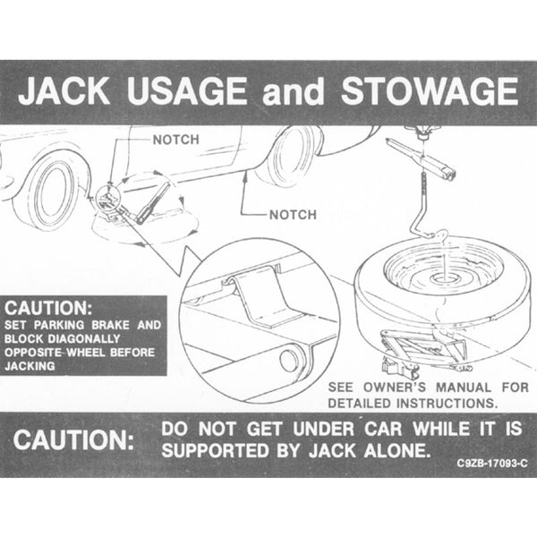 1969-1970 Mustang Trunk Compartment Jack Instructions Decal, Reg. Wheel