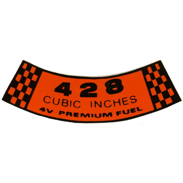 1968-1969 Mustang Air Cleaner Decal, 428-4V Premium Fuel, Black & Orange Squares
