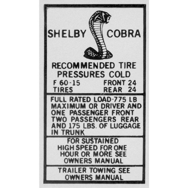 1969-1970 Shelby Mustang Glove Box Tire Pressure Decal