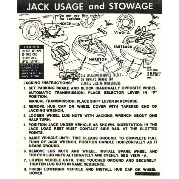 1972 Mustang Trunk Compartment Jack Instructions Decal, Space Saver