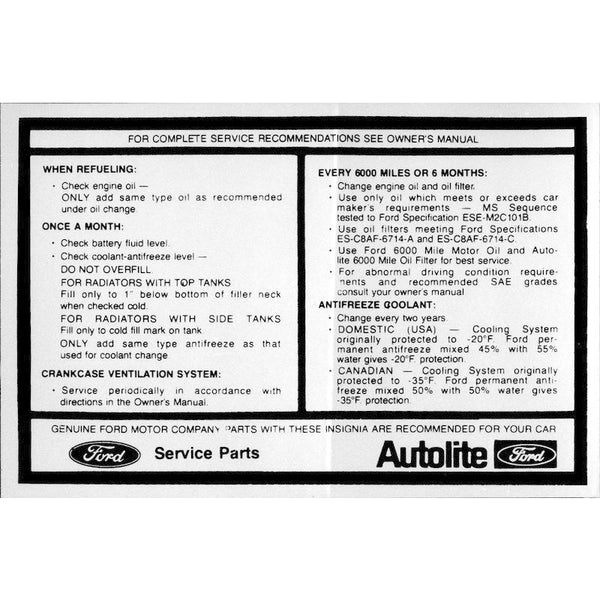 1970 Mustang Service Specification Shock Tower Decal
