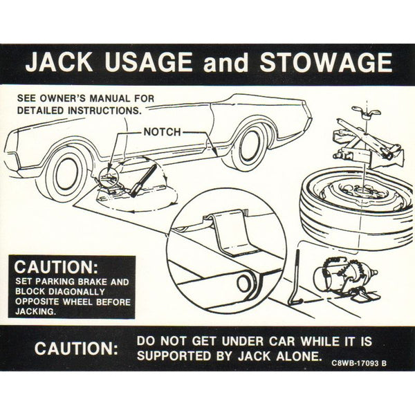 1968-1970 Mustang Trunk Compartment Jack Instructions Decal, Space Saver