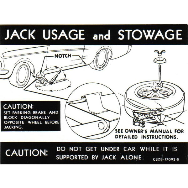 1968 Mustang Trunk Compartment Jack Instructions Decal, Styled Wheel