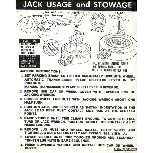 1971-1973 Mustang Trunk Compartment Jack Instructions Decal, Reg & Space